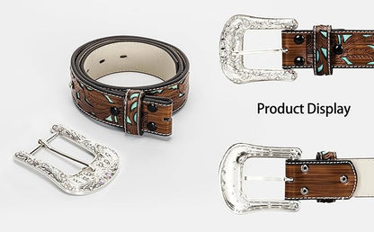 INOGIH Adjustable-Vintage-Western-Cowboy-Belt Women Men - Cowboy-Style Engraved-Buckle Belt for Jeans Pants Dresses