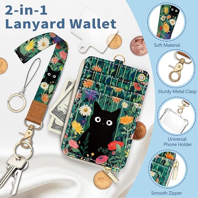 Lanyard Wallet with Id Badge Holder, Black Cat RFID Small Keychain Wallet Women Wristlet, Cute Zipper Credit Card Holder Phone Wrist Neck Strap for Key Name Tag, Teacher Student Office Gifts