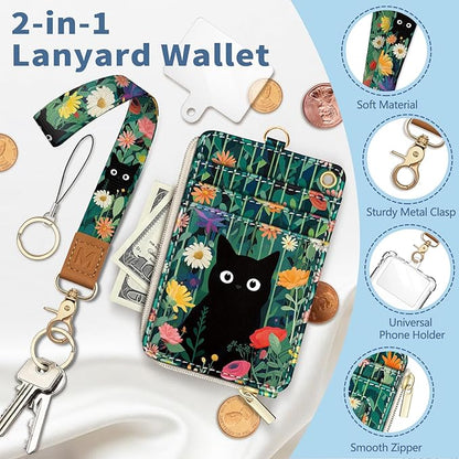 Lanyard Wallet with Id Badge Holder, Black Cat RFID Small Keychain Wallet Women Wristlet, Cute Zipper Credit Card Holder Phone Wrist Neck Strap for Key Name Tag, Teacher Student Office Gifts