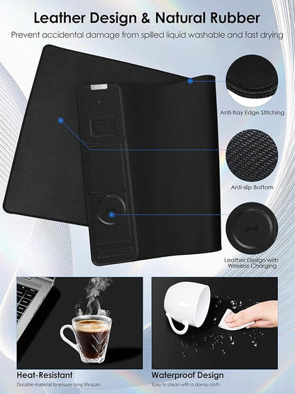 Wireless Charging Mouse Pad with Foldable Phone Holder, 15W Magnetic Fast Charging for iPhone Samsung, 31.5"x15.75" Large Desk Mat for Laptop/Keyboard, Waterproof Gaming Mousepad with Non-Slip Base