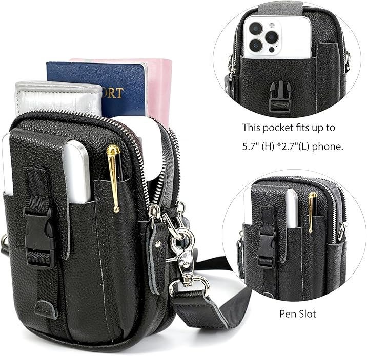 LANNSYNE Small Leather Messenger Bag, 3-in-1 Crossbody Shoulder Bag & Waist Belt Pouch, Sling Purse for Travel Business