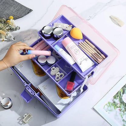 Kinsorcai 2PCS 12'' Three-Layer Clear Plastic Storage Box/Tool Box, Multipurpose Organizer and Portable Handled Storage Case for Art Craft and Cosmetic (Purple)