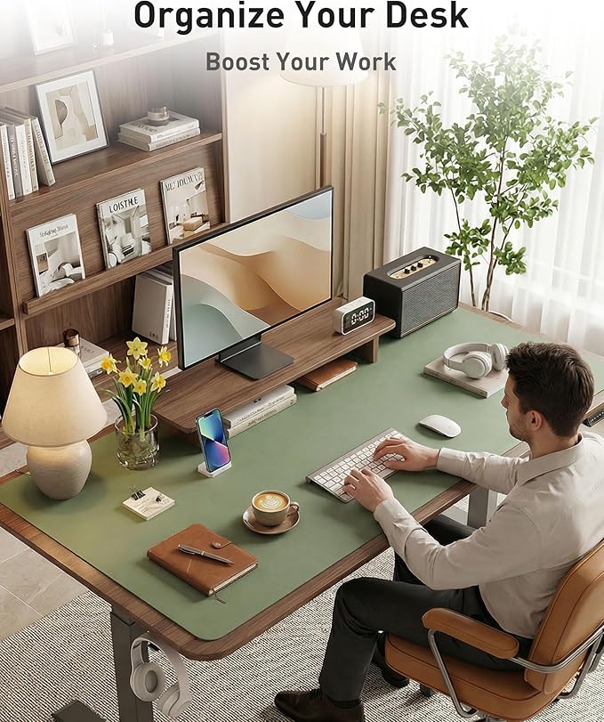 Aothia Faux Leather Desk Mat - Large Mouse Pad, Non-Slip PU Leather Blotter, Waterproof Writing Surface for Office and Home (Olive Green, 63" x 17")