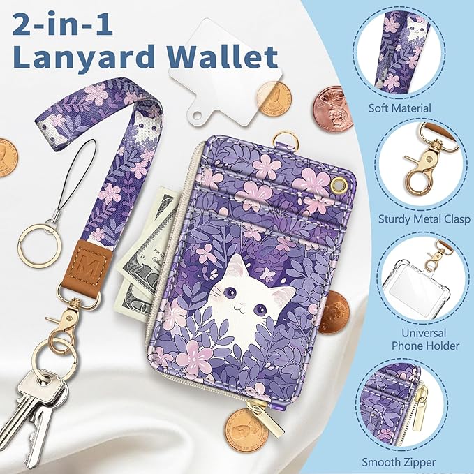 Lanyard Wallet with Id Badge Holder, White Cat RFID Small Keychain Wallet Women Wristlet, Cute Zipper Credit Card Holder Phone Wrist Neck Strap for Key Name Tag, Teacher Student Office Gifts