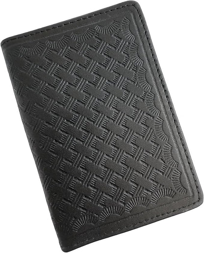 Leather Bifold Minimalist Double ID Card Credential Holder (Basketweave Black)