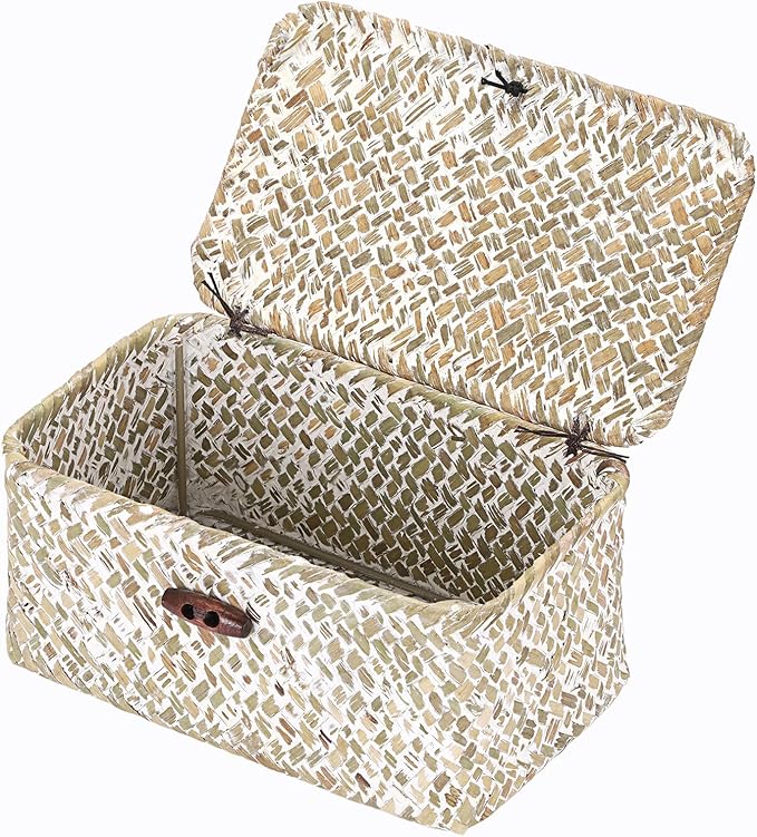 Hipiwe Mini Seagrass Basket with Lid Decorative Shelf Basket Box Multipurpose Desktop Organizer, Whitewash 7.0" x 4.3" x 3.3"