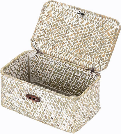 Hipiwe Mini Seagrass Basket with Lid Decorative Shelf Basket Box Multipurpose Desktop Organizer, Whitewash 7.0" x 4.3" x 3.3"