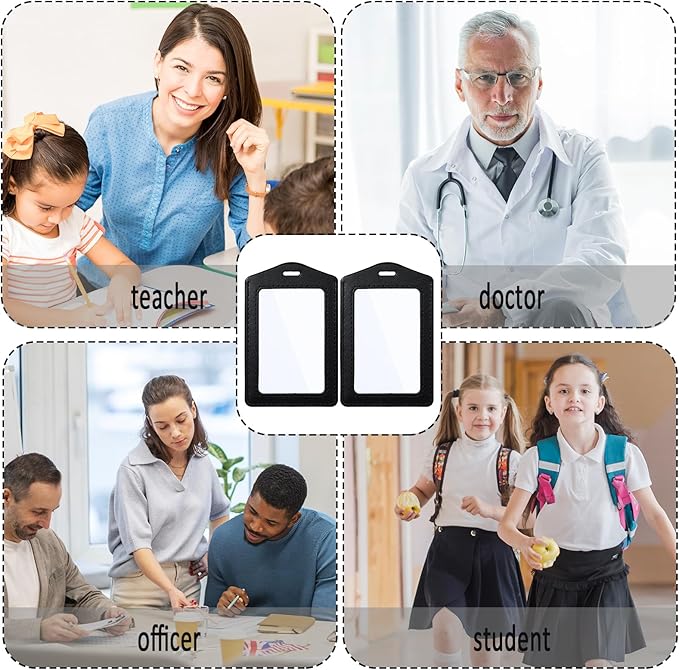 Leather ID Badge Holders, Mabor 2 Pcs Leather ID Badge Holder Vertical Double-Side Clear Card Holder Waterproof Name Badge Holder for Office Staff Students School ID Credit Cards(Black)
