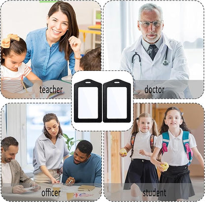 Leather ID Badge Holders, Mabor 2 Pcs Leather ID Badge Holder Vertical Double-Side Clear Card Holder Waterproof Name Badge Holder for Office Staff Students School ID Credit Cards(Black)
