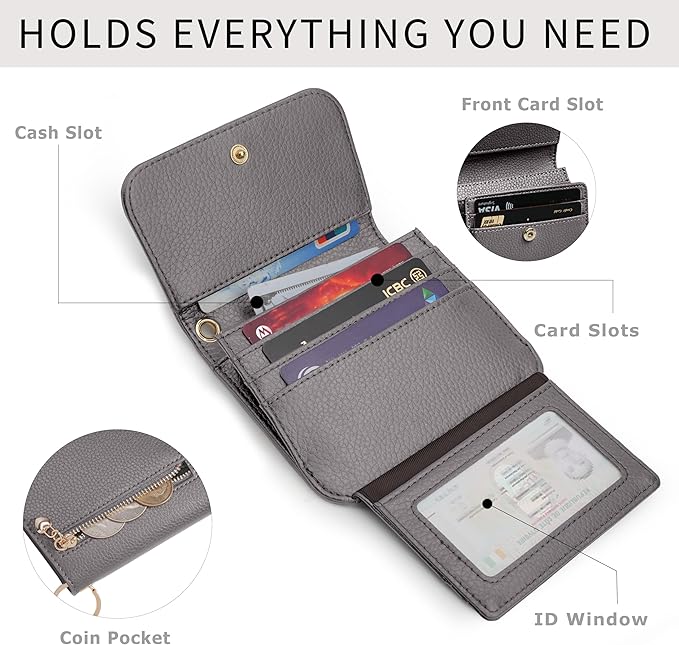 Women Small Wallet RFID Blocking Slim Wallet with Coin Pocket Tri-Fold Credit Card Holder with ID Window and Keychain (Grey)