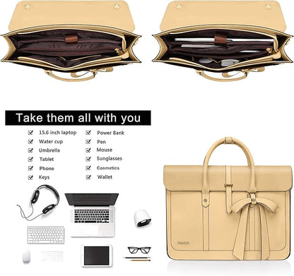 MOSISO Laptop Bag for Women, 15-15.6 inch PU Leather Laptop Shoulder Bags Convertible Backpack, 16 inch Messenger Bags Casual Handbag Work Briefcase Travel Computer Bag with Bowknot, Turmeric