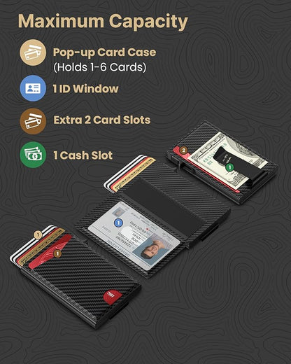 typecase Flip Pop Up Wallet for Men Card Holder: Smart Privacy & ID Display Mode, RFID Blocking, Slim Genuine Leather, Minimalist Front Pocket - 8 Card Capacity | ID Window | Money Clip (Carbon Fiber)