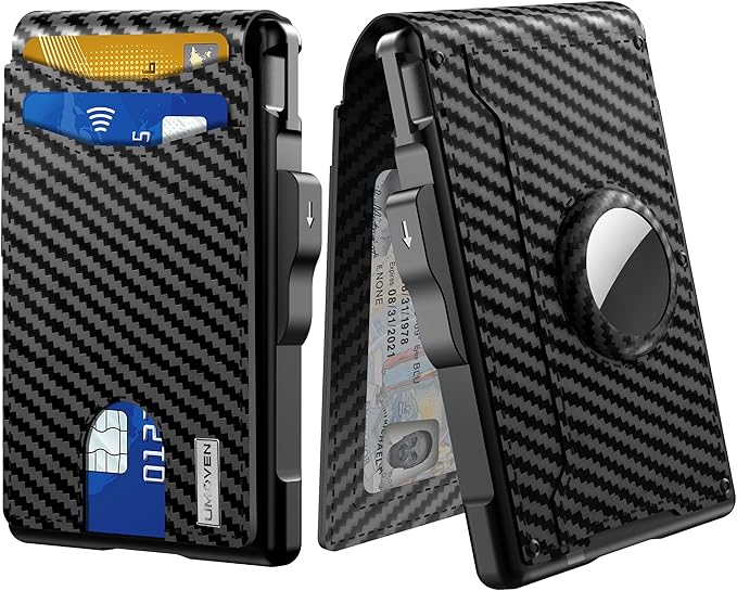 umoven AirTag Wallet for Men - with Pop Up Aluminum Case Money Clip Slim Leather Slots Credit Card Holder RFID Blocking Bifold Minimalist Wallet with Gift Box (Carbon Fiber)