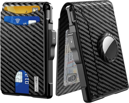 umoven AirTag Wallet for Men - with Pop Up Aluminum Case Money Clip Slim Leather Slots Credit Card Holder RFID Blocking Bifold Minimalist Wallet with Gift Box (Carbon Fiber)