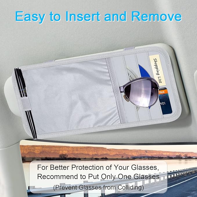 Car Sun Visor Organizer, Auto Storage Pouch with 3 CD Sleeves, Pen Holder, Strap & Pocket for Sunglass, Document, Card - Gray