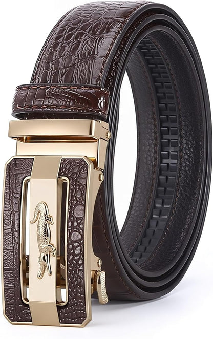 Luxury Crocodile Pattern Leather Belt with Automatic Buckle, Black and Brown, Gold and Gunmetal Buckle, Ratchet Design