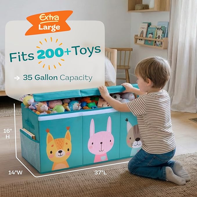 SoftOwl Extra Large Toy Storage Organizer with Lid - Sturdy, Collapsible Toy Chest Storage Box with Cute Design - Toys Bin with Dividers for Kids, Boys, Girls, Nursery, Bedroom, Play room 37"x16"x14"