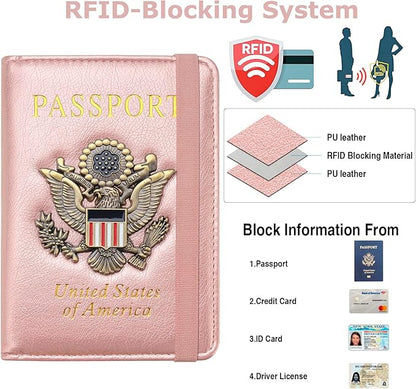 Passport Holder for Travel Passport Cover for Men Passport Wallet Case with Metal Badge Protector Leather Card Case RFID Blocking Women Travel Accessories Document Organizer (Rose Gold)