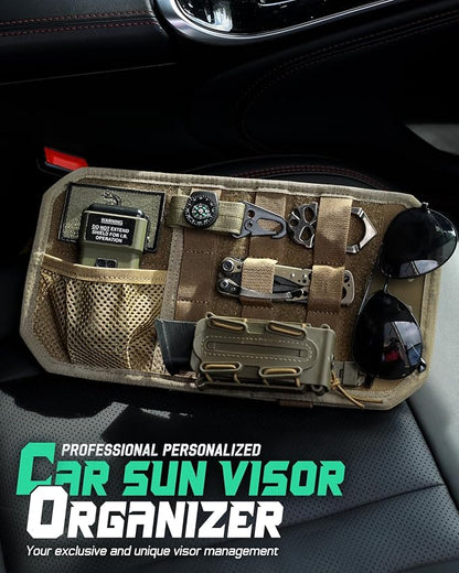 LIVANS Tactical Car Sun Visor Organizer, Auto Accessories Semi-Rigid Molle Panel with Zipper Storage Pouch & Glasses Holder, Gift for Car Gear, Fit Cars, Trucks, Suvs, Jeeps & Patrols (Khaki)