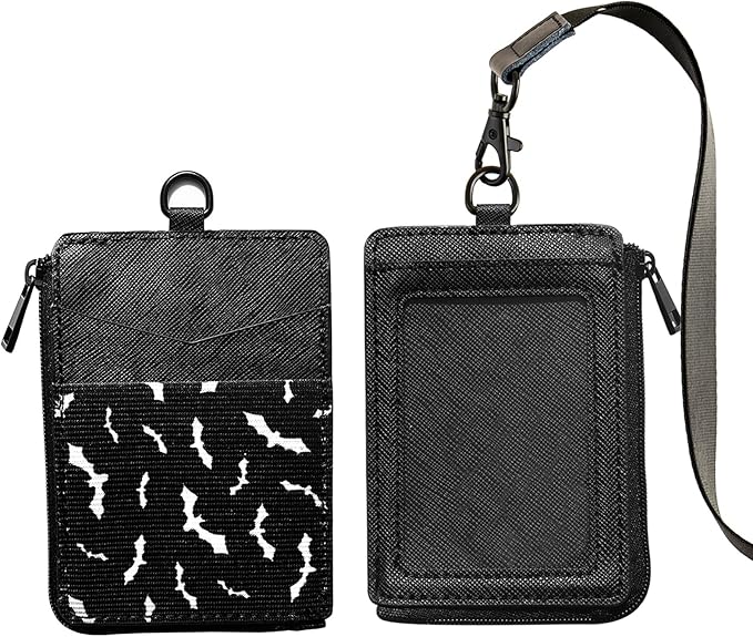 2-in-1 ID Badge Holder & Elastic Card Holder Wallet,Minimalist Men & Women Zip Card Holder Wallet with Neck Lanyard,3 Card Slots and 1 Side Zipper Pocket (Black-bat)