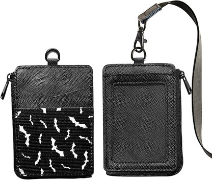 2-in-1 ID Badge Holder & Elastic Card Holder Wallet,Minimalist Men & Women Zip Card Holder Wallet with Neck Lanyard,3 Card Slots and 1 Side Zipper Pocket (Black-bat)