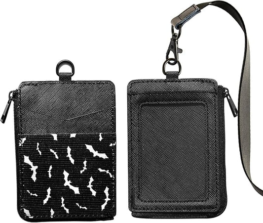 2-in-1 ID Badge Holder & Elastic Card Holder Wallet,Minimalist Men & Women Zip Card Holder Wallet with Neck Lanyard,3 Card Slots and 1 Side Zipper Pocket (Black-bat)
