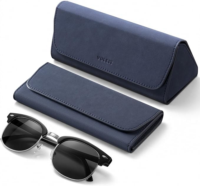 VULKIT Glasses Case, Foldable & Portable Design, Leather Hard Shell Folding Eyeglass Holder for Mens Womens