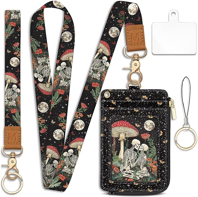 Lanyard Wallet with Id Badge Holder, Mushroom Skull RFID Small Keychain Wallet Women Wristlet, Funny Zipper Credit Card Holder Phone Wrist Neck Strap for Key Name Tag, Teacher Student Office