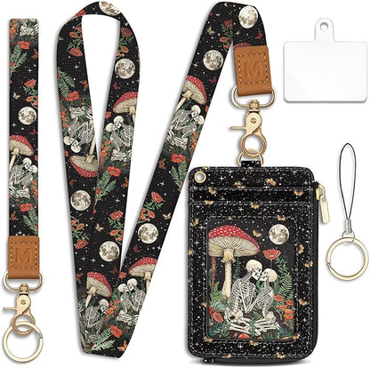 Lanyard Wallet with Id Badge Holder, Mushroom Skull RFID Small Keychain Wallet Women Wristlet, Funny Zipper Credit Card Holder Phone Wrist Neck Strap for Key Name Tag, Teacher Student Office