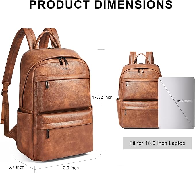 Vegan Leather Backpack for Women and Men, Fits 16.0 Inch Laptop, Multi-Pocket Design with Water Bottle and Luggage Strap, Ideal for Work, Travel, and Daily Use, Brown
