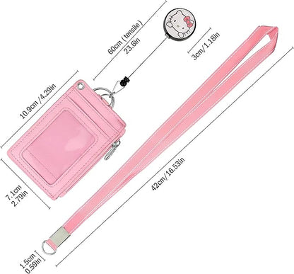 【2025 New】 Cute ID Badge Holder Retractable Lanyard Reel Clip with Heavy Duty Carabiner,5 Card Slots in2 Sided with Key Ring and Zipper for Students Teens Boys Girls Office Staff Women (01 Pink CatA)
