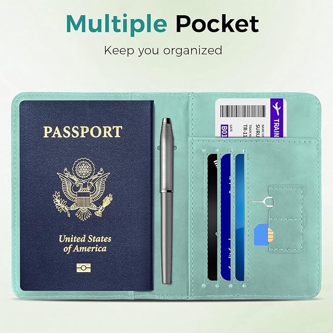 Passport Holder for Travel Women Men - Passport Cover Wallet with Airtag Slot - RFID Blocking PU Leather Passport Holder Case with Card Holder, Pen Slot - Blue