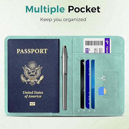 Passport Holder for Travel Women Men - Passport Cover Wallet with Airtag Slot - RFID Blocking PU Leather Passport Holder Case with Card Holder, Pen Slot - Blue