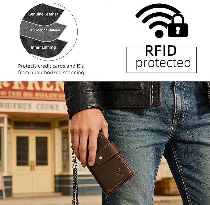 Genuine Crazy Horse Leather Travel Gift Coin Pocket Card Case Long Organizer Chain Rfid Wallet Purse With Snap For Men Male 1803 1815 (W-1820-Brown)