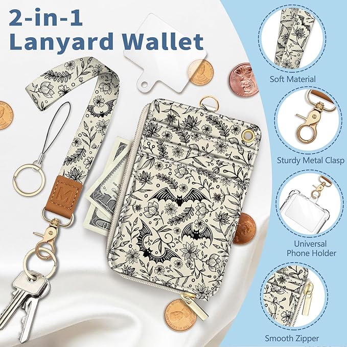 Lanyard Wallet with Id Badge Holder, Gothic Bat RFID Small Keychain Wallet Women Wristlet, Cute Zipper Credit Card Holder Phone Wrist Neck Strap for Key Name Tag, Teacher Student Office Gifts