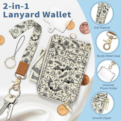 Lanyard Wallet with Id Badge Holder, Gothic Bat RFID Small Keychain Wallet Women Wristlet, Cute Zipper Credit Card Holder Phone Wrist Neck Strap for Key Name Tag, Teacher Student Office Gifts