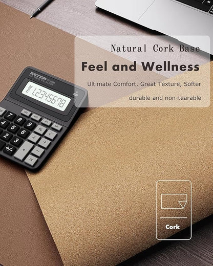 YSAGi Double-Sided Desk Pad, 31.5"x15.7"Leather Desk Mat, Eco Cork Desk Pad Protector,Large Mouse Pad,Waterproof Desk Blotter for Office/Home(Coffee)