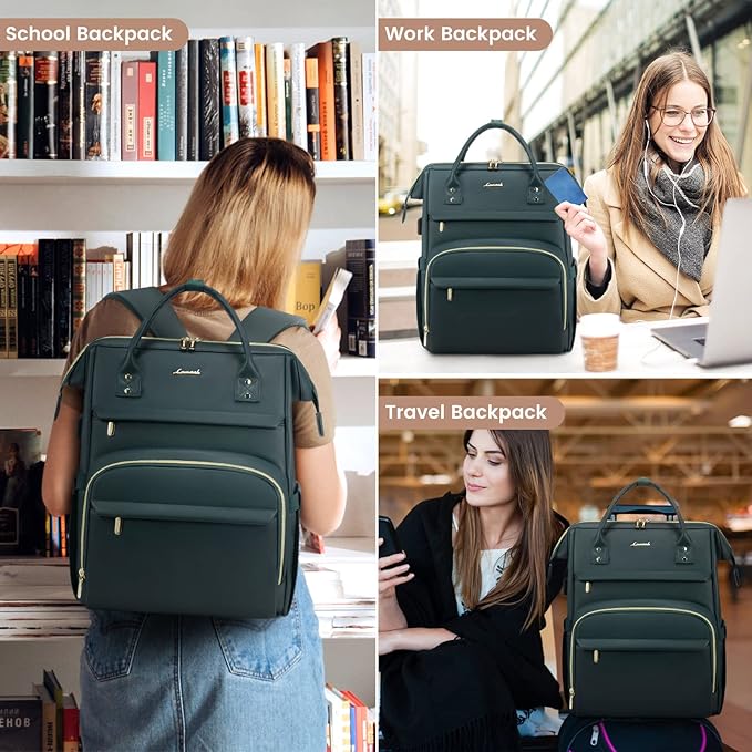 LOVEVOOK Leather Laptop Backpack for Women 17 inch,Travel Backpack Purse Nurse Teacher Backpack Computer Laptop Bag,Professional College Business Work Bag Carry On Backpack with USB Port,Dark Green