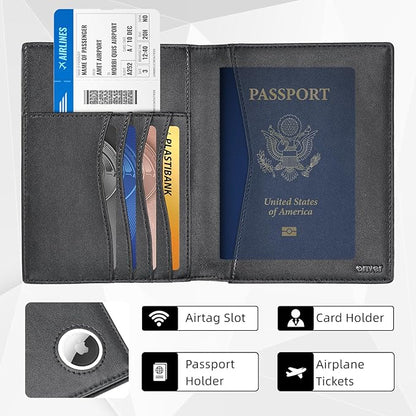 Leather Passport Wallet with AirTag Slot — RFID Passport Holder for Travel Men, Slim Travel Wallet with Card, Cash & Ticket Slots