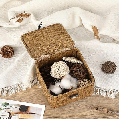 Hipiwe Wicker Shelf Baskets Bins with Lid Handwoven Seagrass Storage Basket Multipurpose Household Organizer for Shelves Home Decor, Caramel Color, X-small