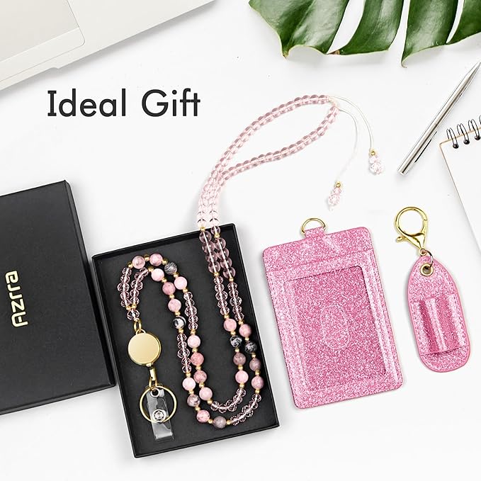 Azrra Lanyards for ID Badges and Keys, Natural Stone Beaded Teacher Lanyard with Bling ID Badge Holder and Pen Holder, Cute Retractable Badge Lanyard for Women (Pink)