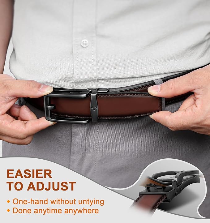 BULLIANT Men Ratchet Belt 2 Pack, Click Sliding Leather Belt Adjustable for Gift Men Dress Casual Jeans 1 3/8,Cut for Fit