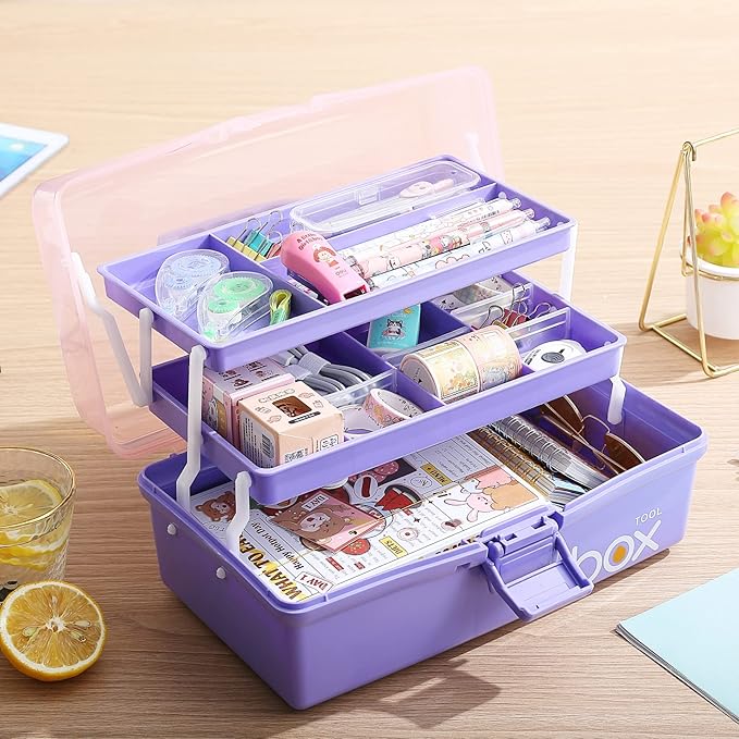 Kinsorcai 2PCS 12'' Three-Layer Clear Plastic Storage Box/Tool Box, Multipurpose Organizer and Portable Handled Storage Case for Art Craft and Cosmetic (Purple)
