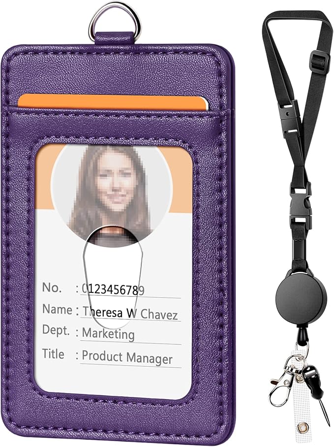 Leather Badge Holder and Adjustable Retractable Lanyards, Quick Release Buckle and Safety Breakaway Lanyards with Swivel Metal Clasp for Offices, Staff, Students, Employees