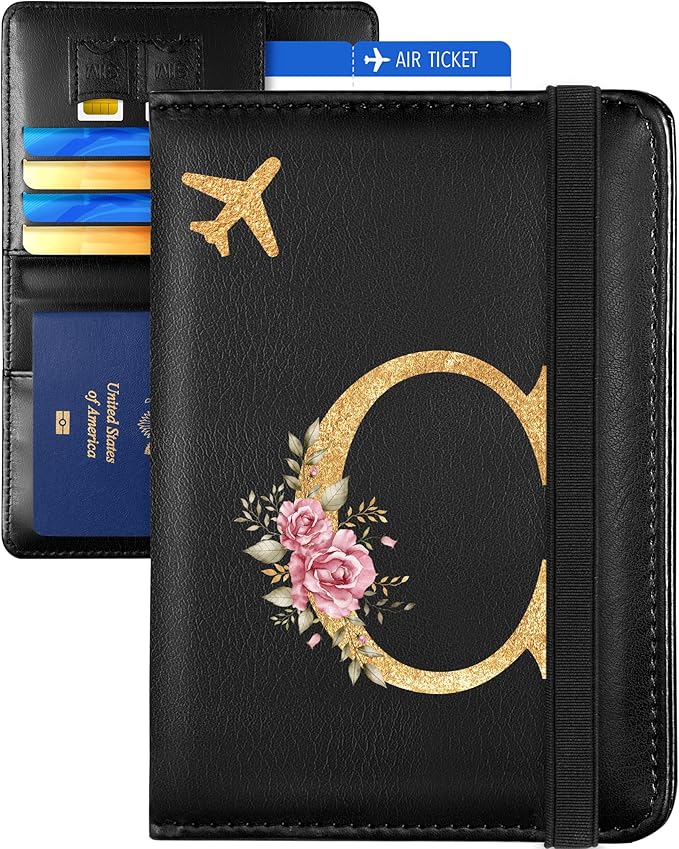 Slohif Initial Passport Holder Cover Wallet Case for Travel Women - Leather Letter Passport Book Family Multiple Personalized Organizer Card Slots Protector Sleeve Essentials Slim Carrier Black C