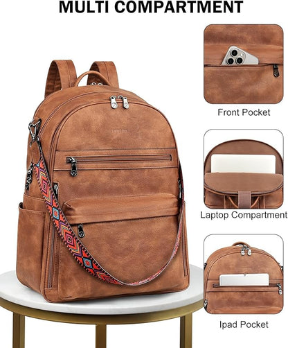 FADEON 15.6 inch Laptop Backpack Purse for Women Designer PU Leather Computer Backpacks Fashion for Work Travel Brown