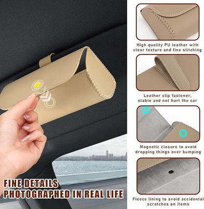 Augeny Sunglasses Holder for Car Sun Visor, Leather Auto Eyeglasses Storage Case with Hidden Magnetic Closure, Protective Glasses Organizer Box, Vehicle Visor Accessories for Woman Man (Beige)