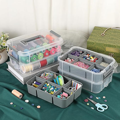 JUXYES 4-Tiers Stack Carry Storage Box With 2 Divided Tray, Transparent Stackable Storage Bin With Handle Lid Latching Storage Container for School & Office Supplies, Gray