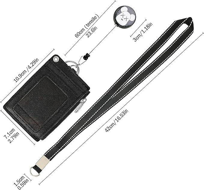 【2025 Latest】Cute ID Badge Holder Retractable Lanyard Reel Clip with Heavy Duty Carabiner,5Card Slots in 2 Sided with Key Ring and Zipper for Women Students Teens Girls Office Staff (Black White Bear)