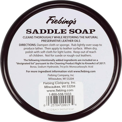 Fiebing's Black Saddle Soap (12oz) - Leather Cleaner & Conditioner - Soften, Protect, Restore & Renew Leathercraft, Car Seat, Belts, Shoes, Luggage, Furniture, Purses, Boots, Bags, Sports & Horse Gear